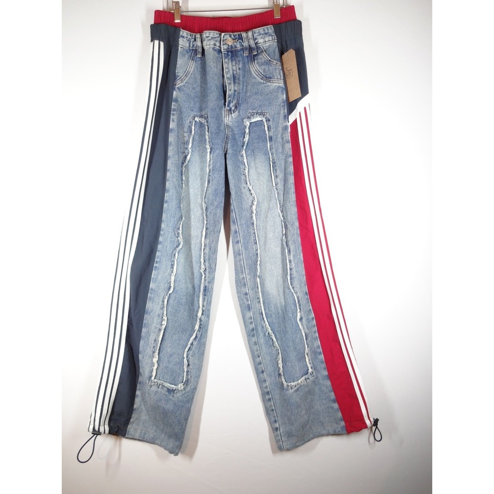 Akira Mixed Media Track Denim Pants Womens Medium Blue Red Distressed Streetwear